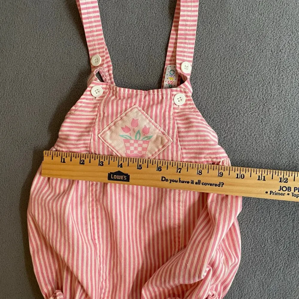 Vtg 80s 90s Offspring Playsuit Jumper Romper Girls 24M Pink Stripe Tulips Cotton
